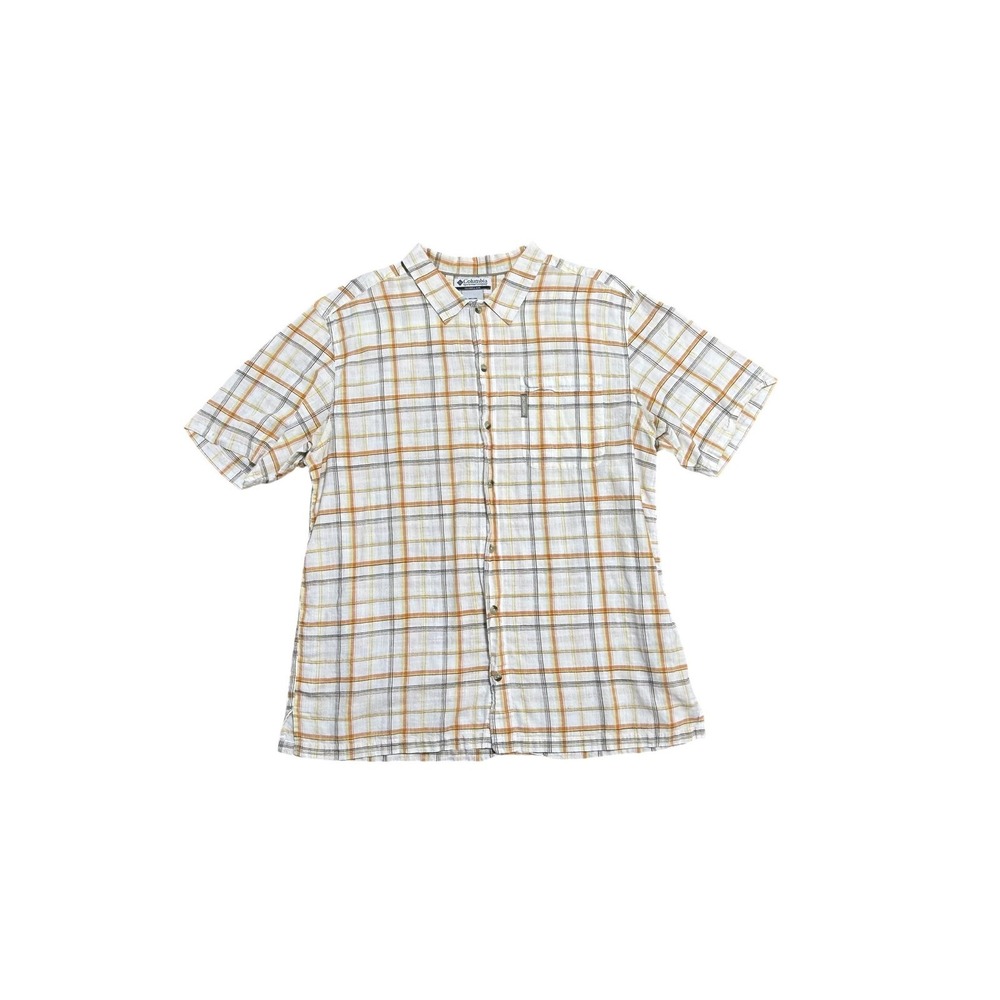 Columbia Shirt‎ Mens XL White Plaid Short Sleeve Band Collar Cotton Casual